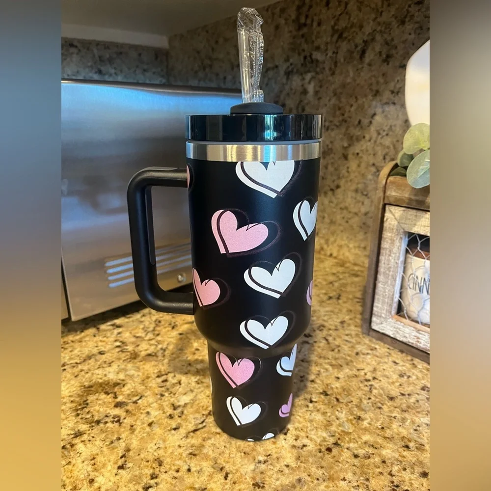 New Valentine’s Day 40 oz Travel Mug Tumbler with Pink and White Hearts
